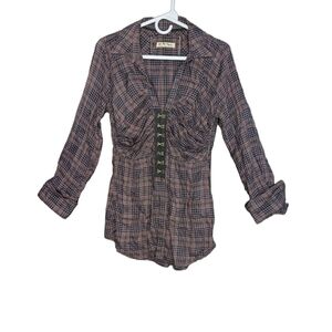 Free People Catalynn Remade Brown Plaid Hook & Eye Collared Top Size XS